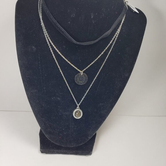 Silver-tone Set of 3 Black Velvet Choker Necklaces w/ Stone & Filigree Pendant - Picture 8 of 12